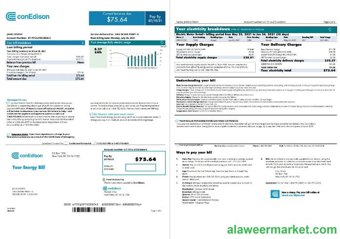 USA Con Edison utility bill template in Word and PDF format, 2 pages (2021 April - present)